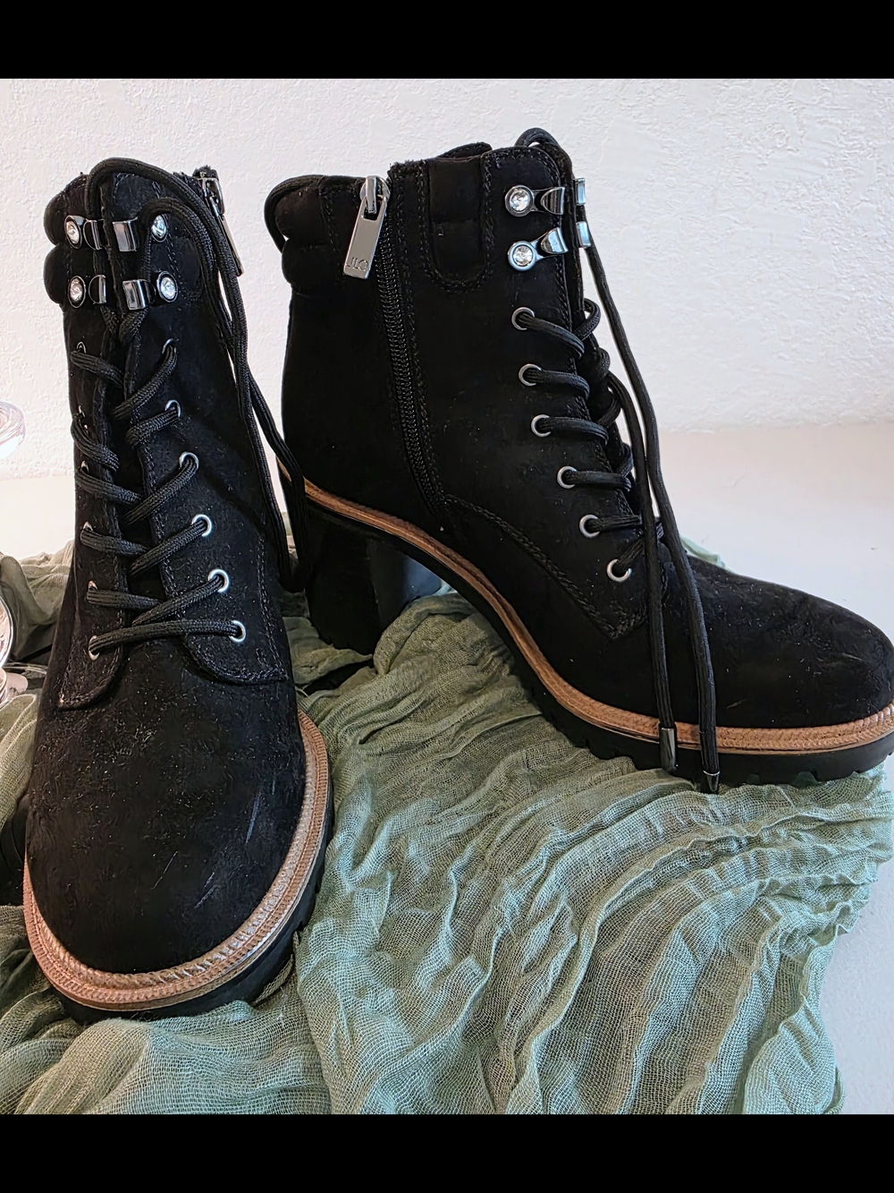 Jennifer Lopez Black Lace-Up Combat Ankle Boots with Wood-Tone Trim